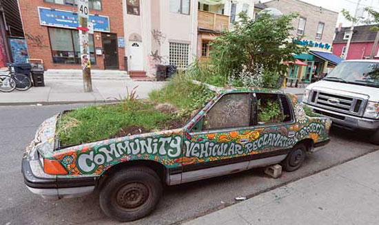 The Community Vehicular Reclamation Project in Toronto turns junkyard cars into gardens in an effort to reclaim streets for pedestrians and plants.
